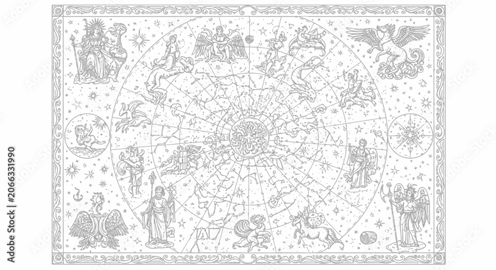 Fototapeta premium Vintage celestial map depicting constellations and zodiac symbols