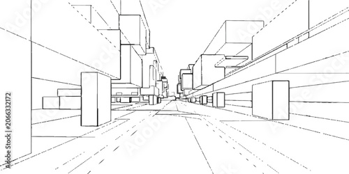 Photos An architectural sketch depicts a futuristic cityscape with geometric buildings receding into the distance, emphasizing linear perspective and abstract design
