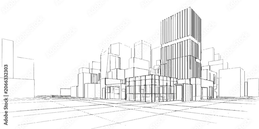 Obraz premium Modern city skyline architectural drawing, clean lines, graphic illustration, urban planning concept, contemporary building design.