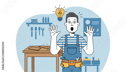 Shocked male carpenter looking surprised with hands up under a broken lightbulb inside his woodworking workshop.