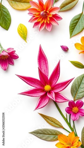 Floral design with pointed petals and leaf accents on a white background, contemporary, leaf accents