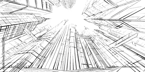 Billede på lærred Abstract sketch of a futuristic city skyline with towering skyscrapers, viewed from a low angle looking up towards the sky