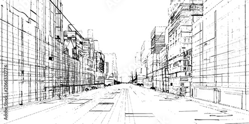 Принти на полотні An architectural sketch of a futuristic cityscape, rendered in stark black and white lines, depicts a wide avenue flanked by towering, geometrically complex buildings stretching into the distance