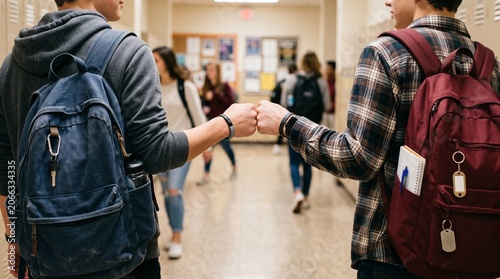 Students fist bumping, celebrating back to school during the pandemic