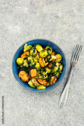 Mussels with Brussels Sprouts and Herbs