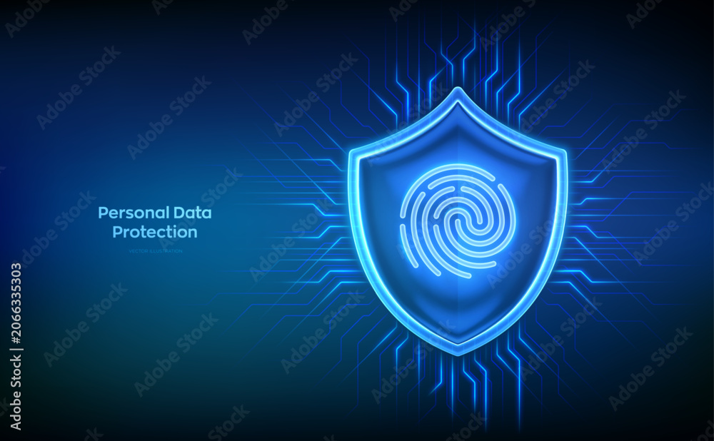 Fototapeta premium Personal data security. Cyber security. Biometrics identification. Fingerprint icon behind Security glass shield on blue digital circuit network background. Identity protection. Vector illustration.