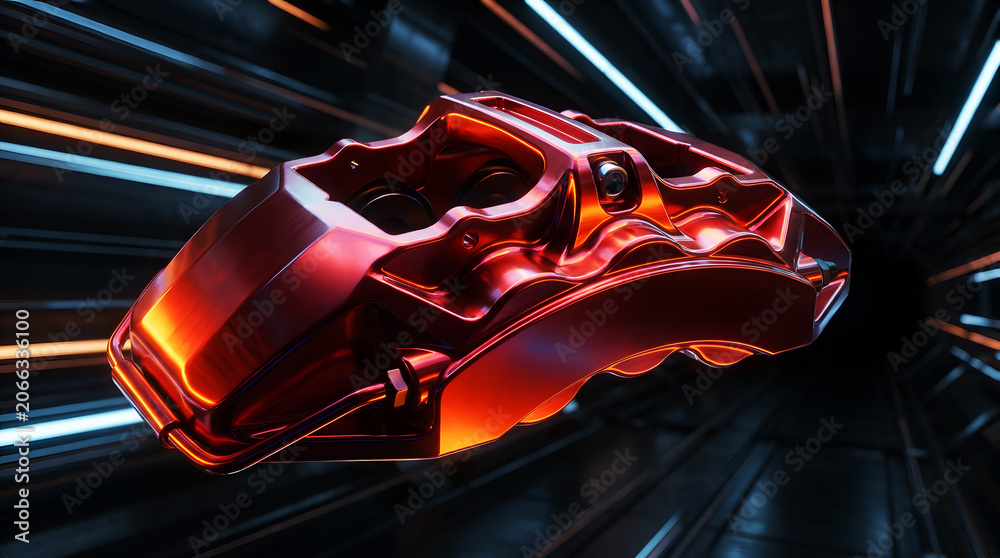 Naklejka premium Red high performance car brake caliper floating in a futuristic metallic tunnel with motion blur