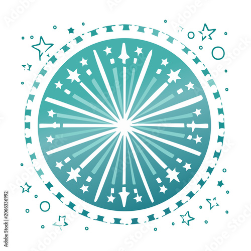 Abstract blue teal firework burst with stars and circles
