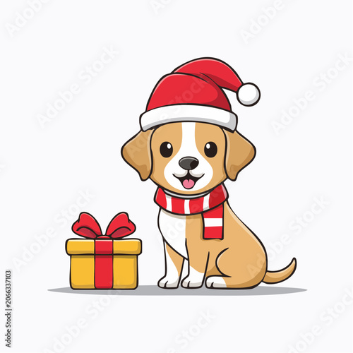 Cute cartoon dog wearing Santa hat and scarf with gift box