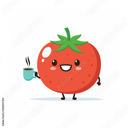 Cute cartoon tomato holding a coffee cup