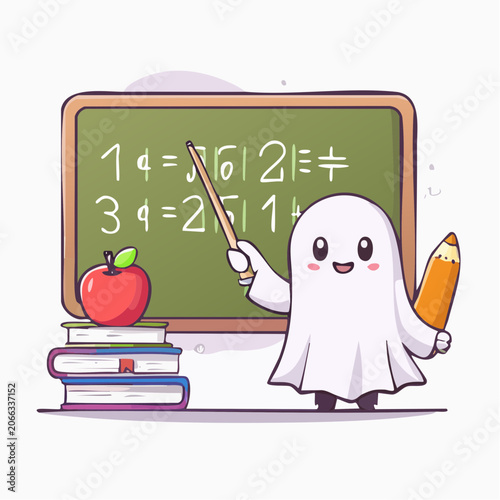 Cute Ghost Teacher with Apple and Books