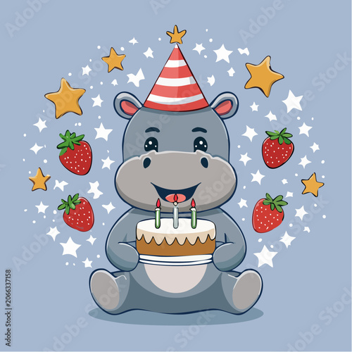 Cute Hippo Character Celebrating Birthday with Cake and Strawberries