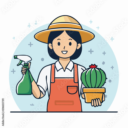 Gardener with Cactus and Spray Bottle
