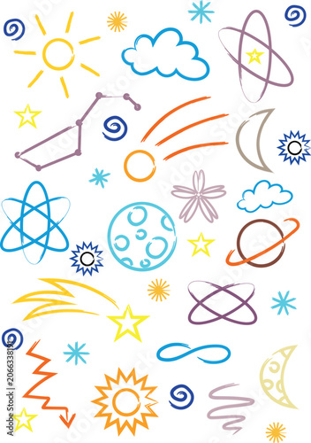 set of hand drawn colour space icons, doodle grunge ink brush universe icons collection