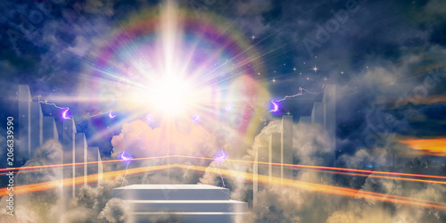 Bild auf Leinwand Heavenly staircase leading to a bright divine light in the clouds, fantasy spiritual background symbolizing hope, faith, salvation, afterlife and enlightenment