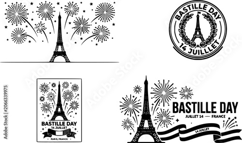 Bastille Day Design Set with Eiffel Tower, Fireworks, and 14 Juillet Stamp Badge, French National Day Vector Icons for Posters and Banners