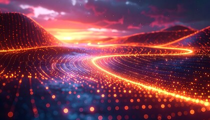 Crédence de cuisine Bordeaux A vibrant digital landscape with glowing orange lines and dots (2)  © kates