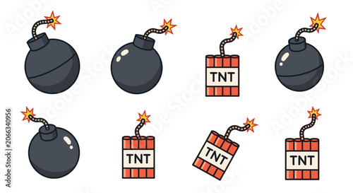 Cartoon illustration of round black bombs and red TNT dynamite sticks with lit fuses for comic or game design elements.