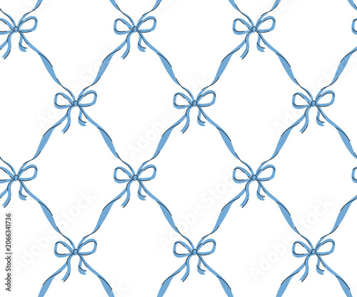 Vector cute coquette bow seamless pattern. Blue ribbon bow trellis isolated on white background for fabric, wallpaper or wrapping paper. Classic elegance print design.