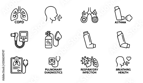 Bild auf Leinwand Respiratory healthcare and lung disease outline icon collection vector