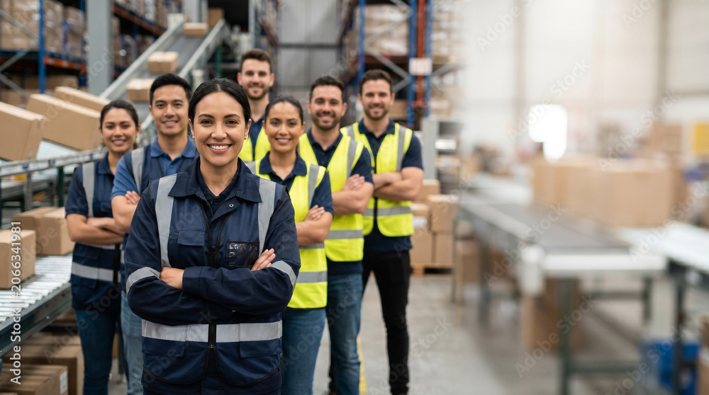 Obraz premium Diverse e-commerce fulfillment team standing in modern warehouse, led by confident female operations manager, surrounded by logistics staff, inventory coordinators, and shipping infrastructure.