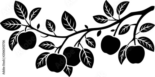 Detailed Silhouette Illustration of an Apple Tree Branch Laden with Fresh Apples and Lush Leaves Isolated on White Background