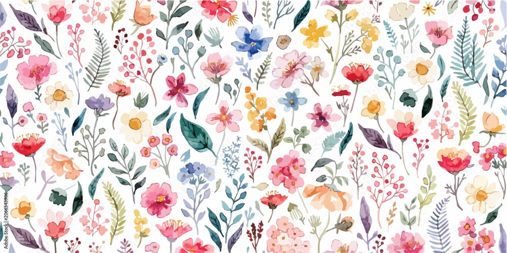 Naklejka premium floral watercolor background featuring vibrant petals and lush botanical foliage details everywhere