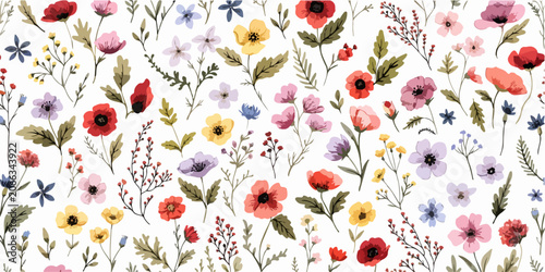Botanical motifs painted in watercolor creating a fresh floral decorative background design