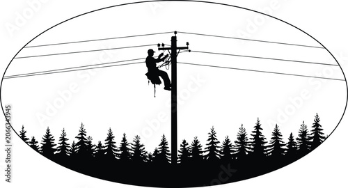 Silhouette of an electrician working on a utility pole above a forest line Keywords: electrician, utility, pole, power lines