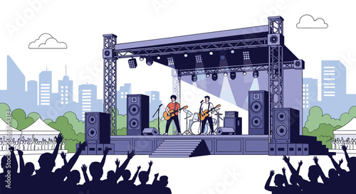 Rock band performing on a large outdoor stage with a city skyline background and a cheering crowd in silhouettes.