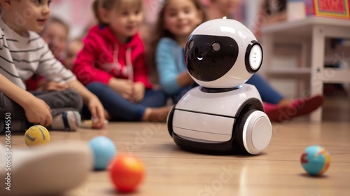 A tiny AI-powered robot interacting with children, teaching them through fun educational games