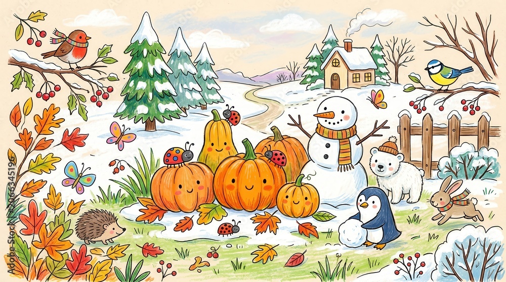 Naklejka premium Cute animals and smiling pumpkins gather in a snowy landscape with autumn leaves and a cozy house