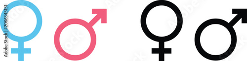 Konstfotografi Two pairs of gender symbols one in pink and blue the other in black on white Key