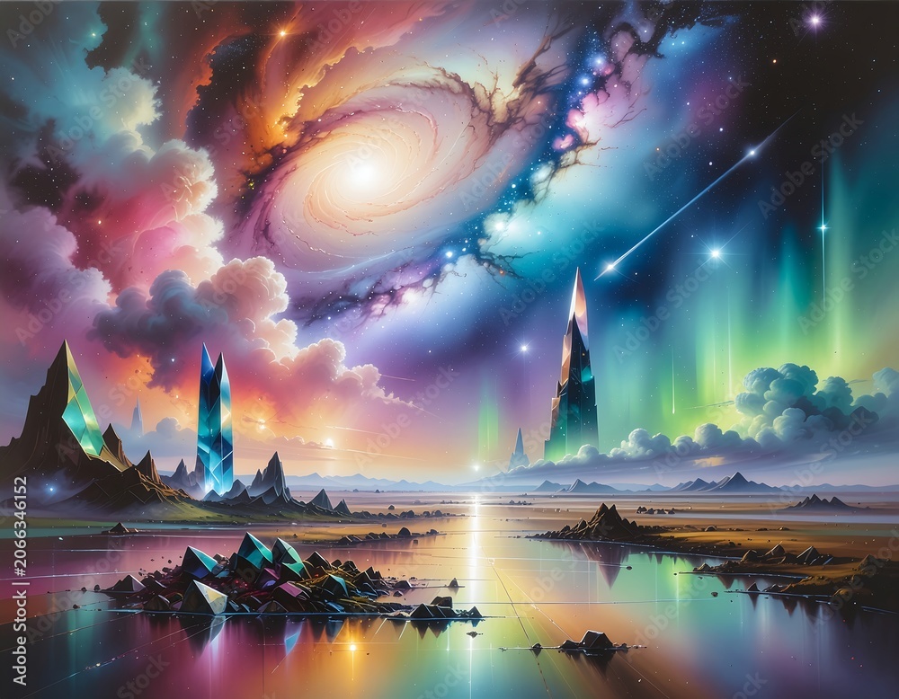Obraz premium Vibrant Cosmic Landscape with Aurora and Galaxy.
