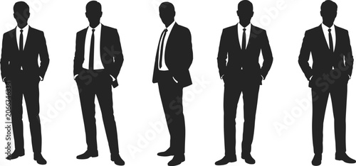 Five Silhouette Figures Of Men In Suits With Ties Standing On White Background Keywords: man silhouette, suit silhouette, business