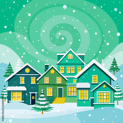 Colorful houses in snowy landscape during winter season  
