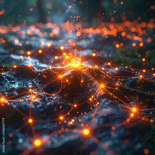 A glowing network of orange connections on a dark background