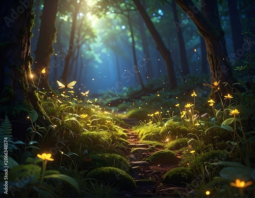 A serene forest path illuminated by fireflies and sunlight (2)