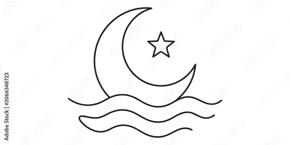 Obraz premium Black line drawing of crescent moon and star over wavy water on white