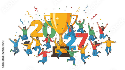 Cuadro en lienzo Celebrating the New Year of 2027: A vibrant illustration depicts a group of diverse people joyfully jumping and celebrating around a giant golden trophy, with confetti and streamers filling the air