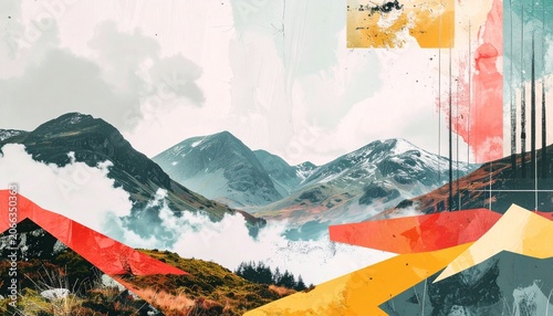 Abstract Mixed Media Mountain Landscape Collage with Vibrant Paint Strokes