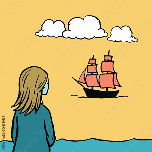 Young girl looking at ship with red sails on yellow background  