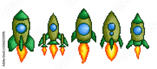 A set pixel green rockets in flight.