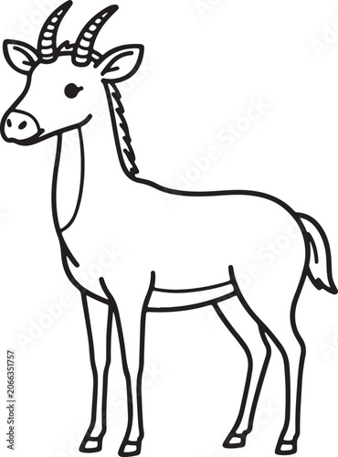 Cute Cartoon Saola Antelope Standing Side View Line Art Vector Illustration