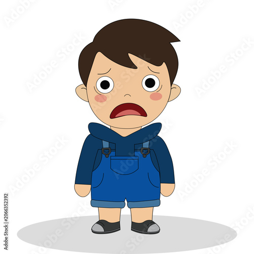Slika na platnu Scared cartoon boy character with wide eyes and an open mouth, wearing a dark blue hoodie and blue overalls, frightened or shocked expression, full body illustration
