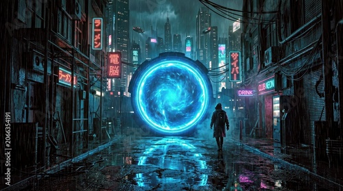 A Lone Figure Walks Towards a Glowing Portal in a Neon Lit Asian City at Night