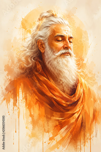 Guru purnima hindu religious festival watercolor portrait of serene sage with white beard, saffron robe, spiritual meditation, devotion, peaceful wisdom
