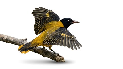 A vibrant yellow and black oriole bird perched on a branch with wings spread wide.