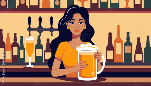 Woman holding large beer mug in cozy pub with bottles behind  