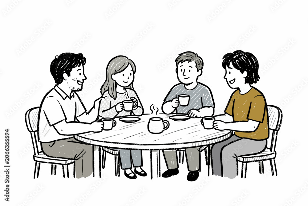 Fototapeta premium Four Friends Chatting Around A Table.